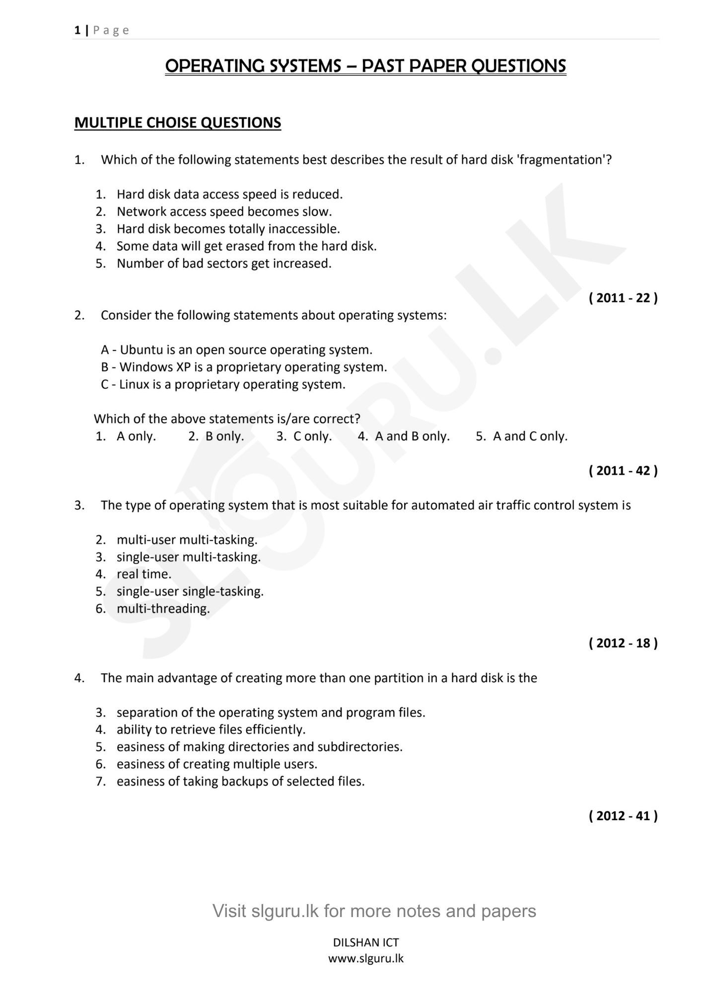 AL ICT Operating System (OS) PAST PAPER Questions (EM)